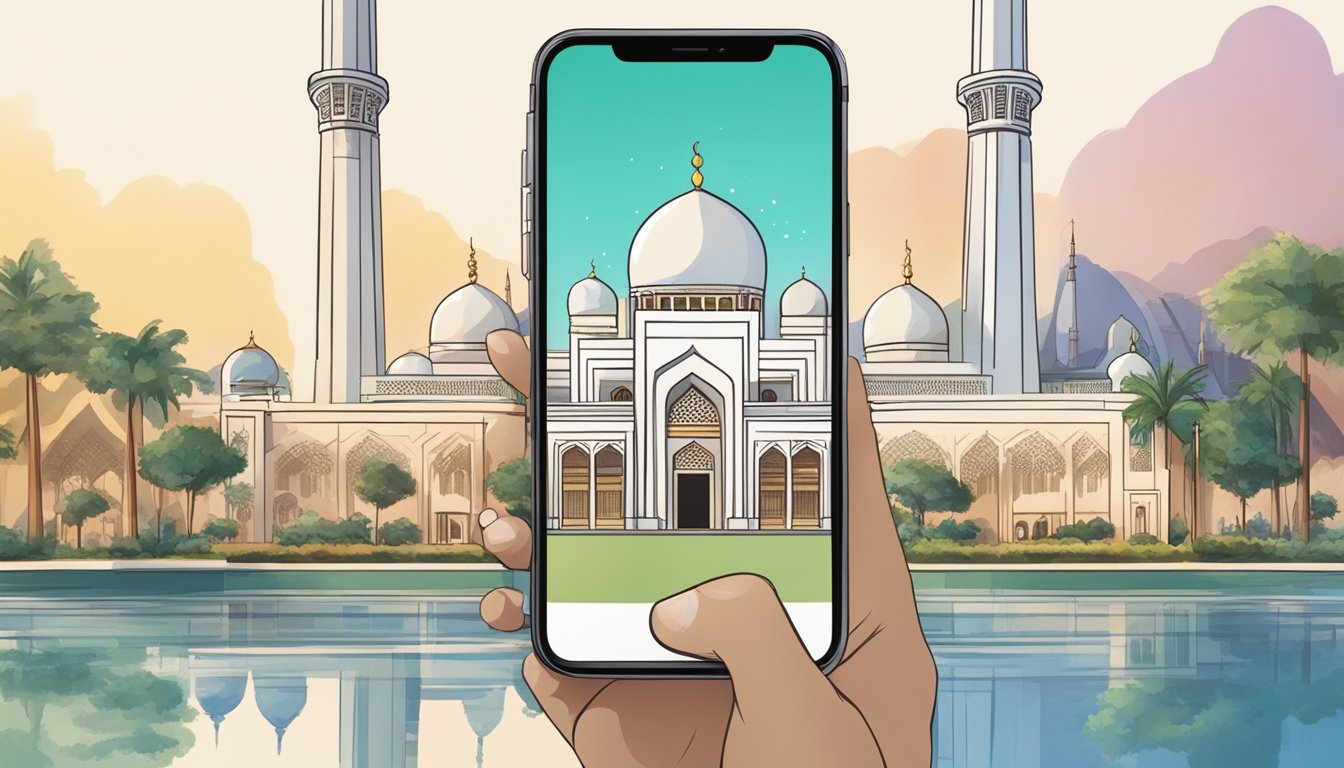 A person using a smartphone to book a time slot for visiting a mosque in Singapore through an online booking platform