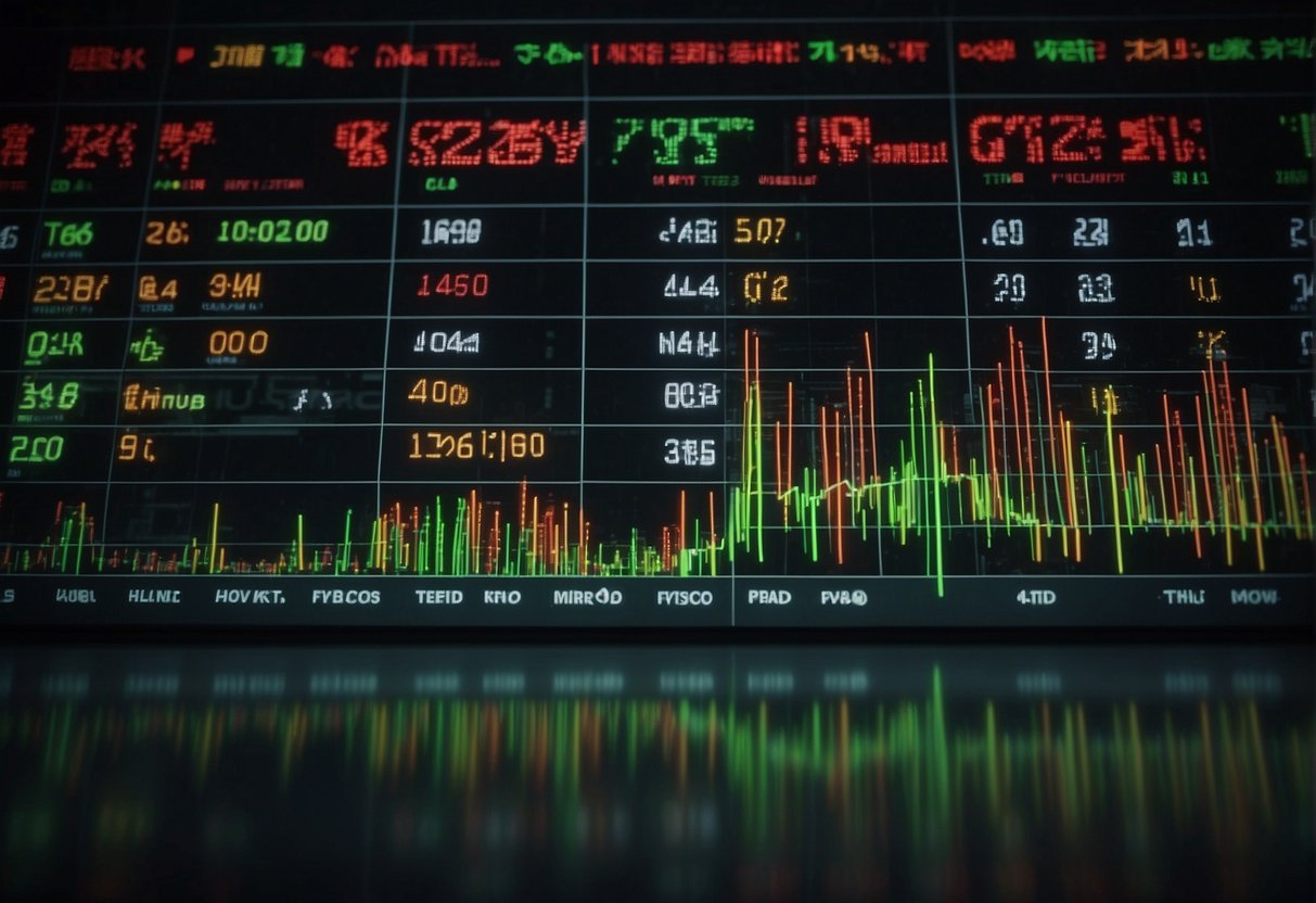 Stock prices fluctuate wildly. Charts show rapid changes. Traders react nervously. Screens flash red and green. Market volatility disrupts trading