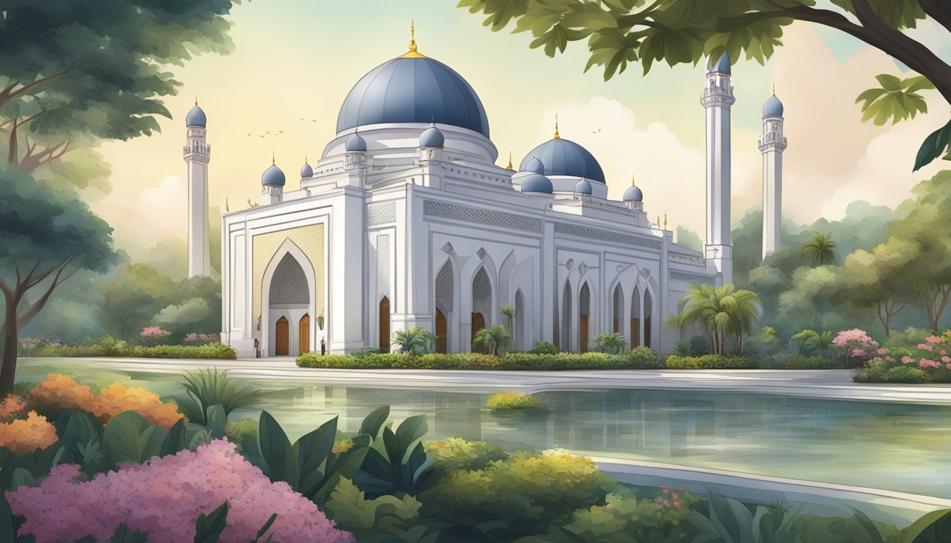 The Singapore mosque features include elegant domes, intricate arches, and lush gardens. Online booking allows for convenient access