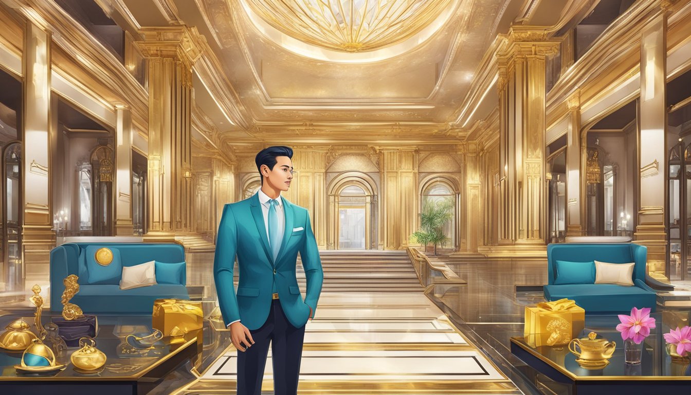 A luxurious credit card surrounded by opulent rewards and benefits in a prestigious setting in Singapore