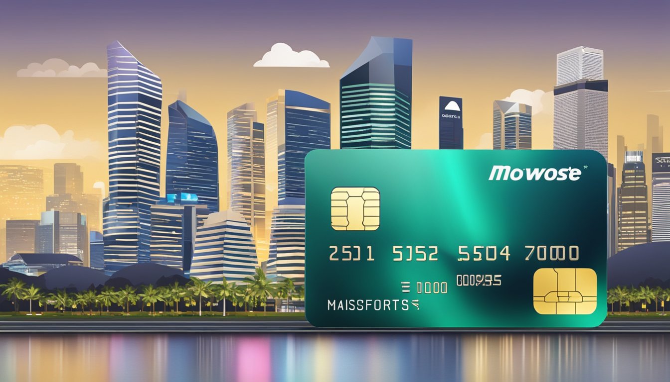 A sleek, modern credit card with the words "Most Prestigious" displayed prominently, set against the backdrop of Singapore's iconic skyline