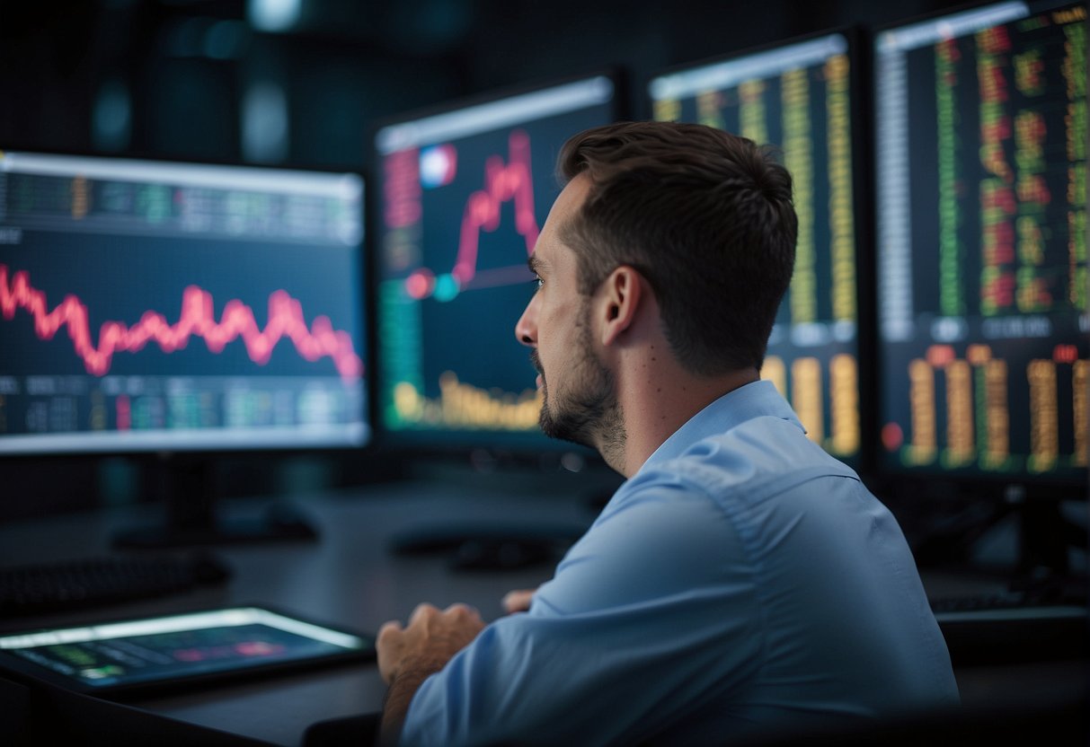 Market charts fluctuate wildly, causing traders to frantically adjust their strategies. Emotions run high as fear and uncertainty grip the trading floor