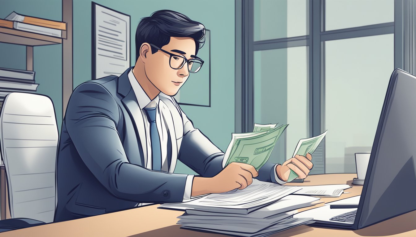 A business owner sits at a desk, reviewing financial documents and strategizing for a loan application. A money lender in Singapore offers assistance