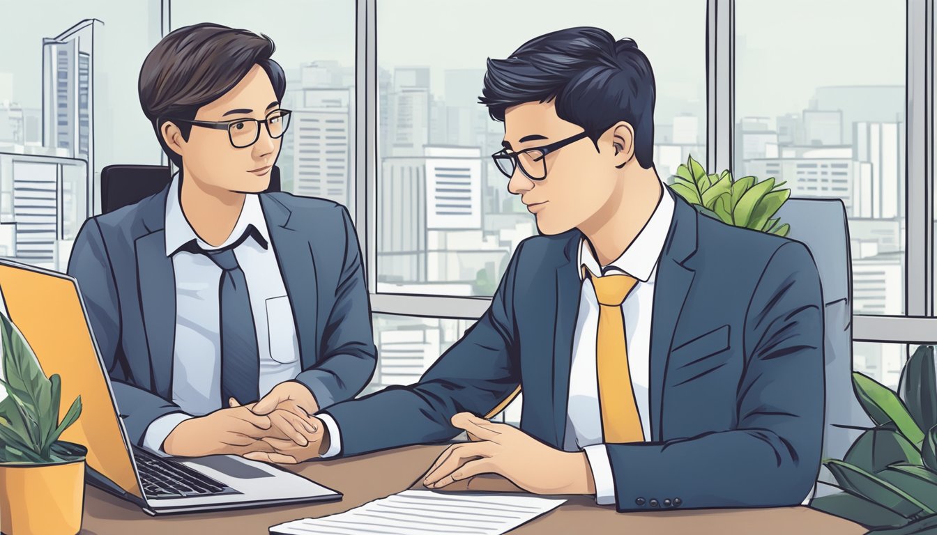 A professional advisor provides guidance to a business owner seeking a loan from a money lender in Singapore. The advisor offers support and insights, creating a collaborative and helpful atmosphere