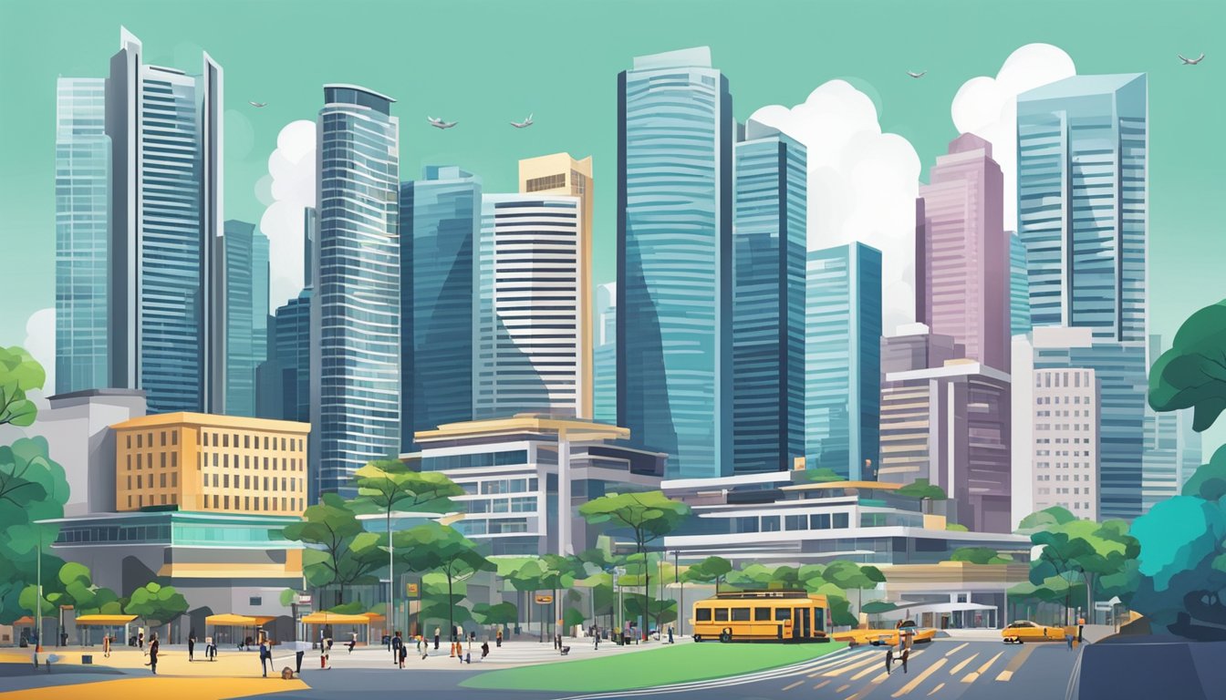 A bustling Singapore cityscape with modern buildings and financial institutions. A money lender's office stands out among the businesses, symbolizing the future of business financing