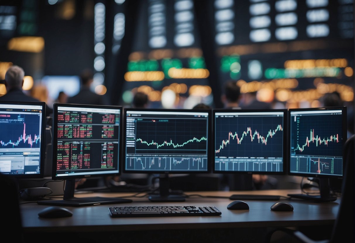 Market charts fluctuate wildly, creating a sense of chaos and unpredictability. Traders frantically monitor screens, reacting to rapid changes in stock prices