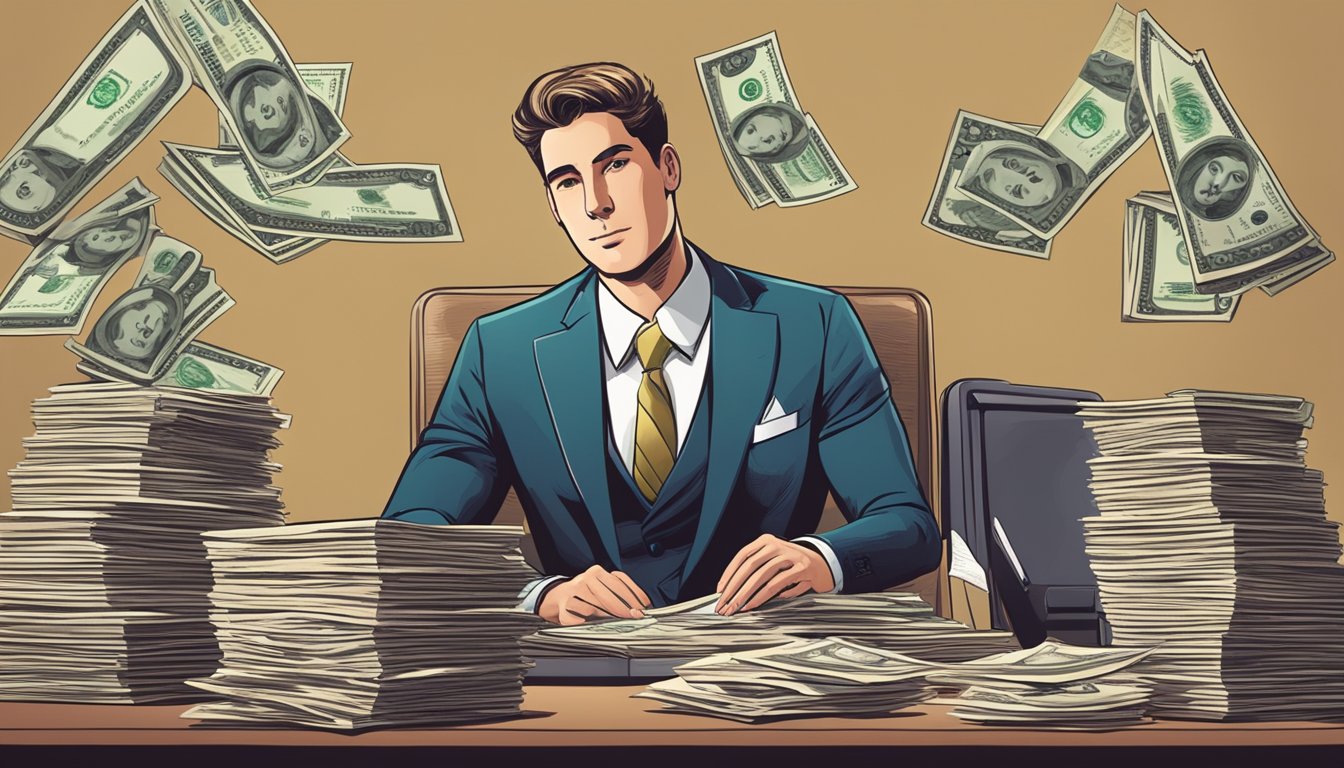 A well-dressed individual sits confidently behind a desk, surrounded by stacks of money and financial documents, exuding an air of authority and success