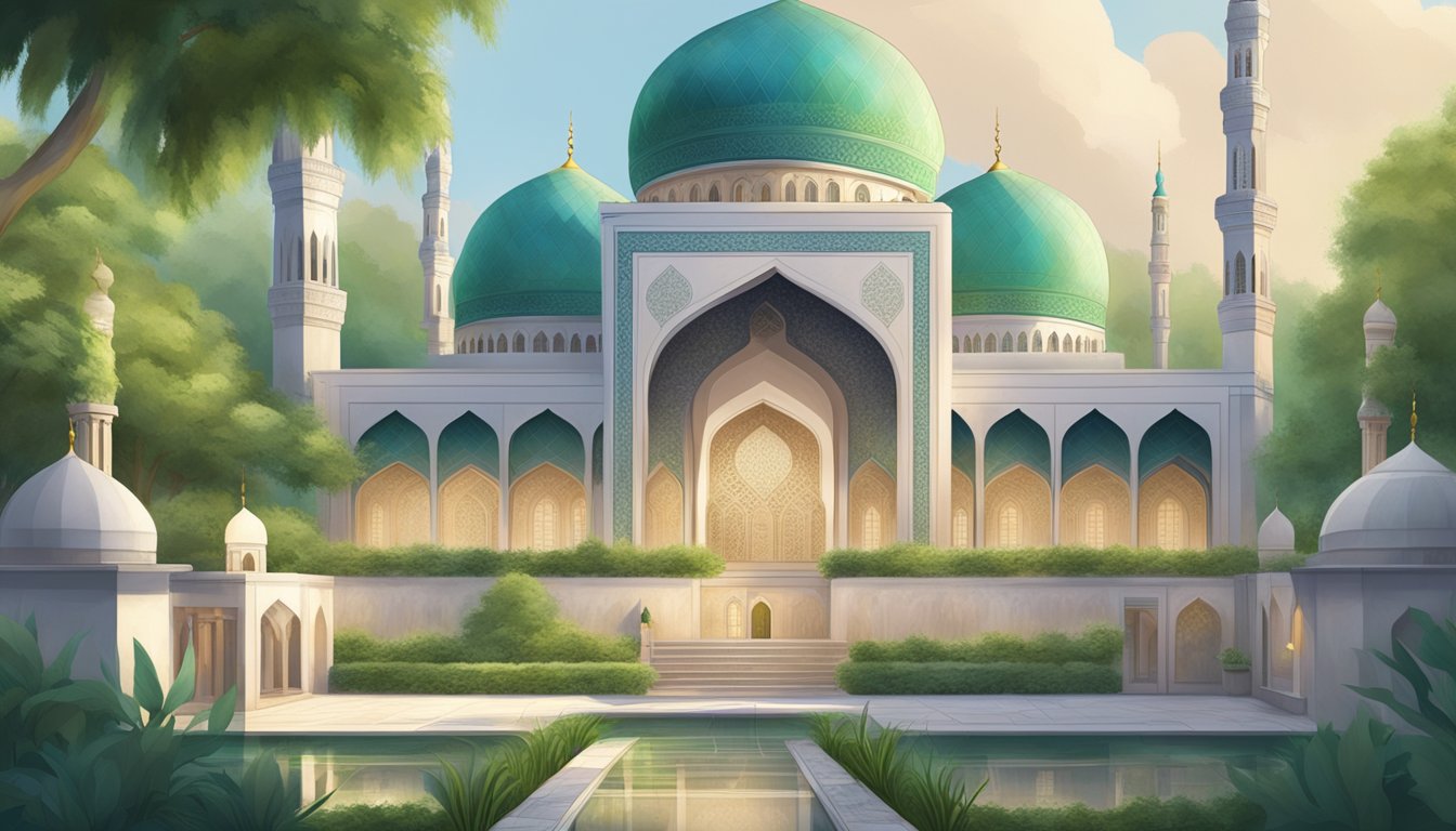 A serene mosque surrounded by lush greenery, with a peaceful Muslimah space adorned with intricate Islamic designs and calligraphy