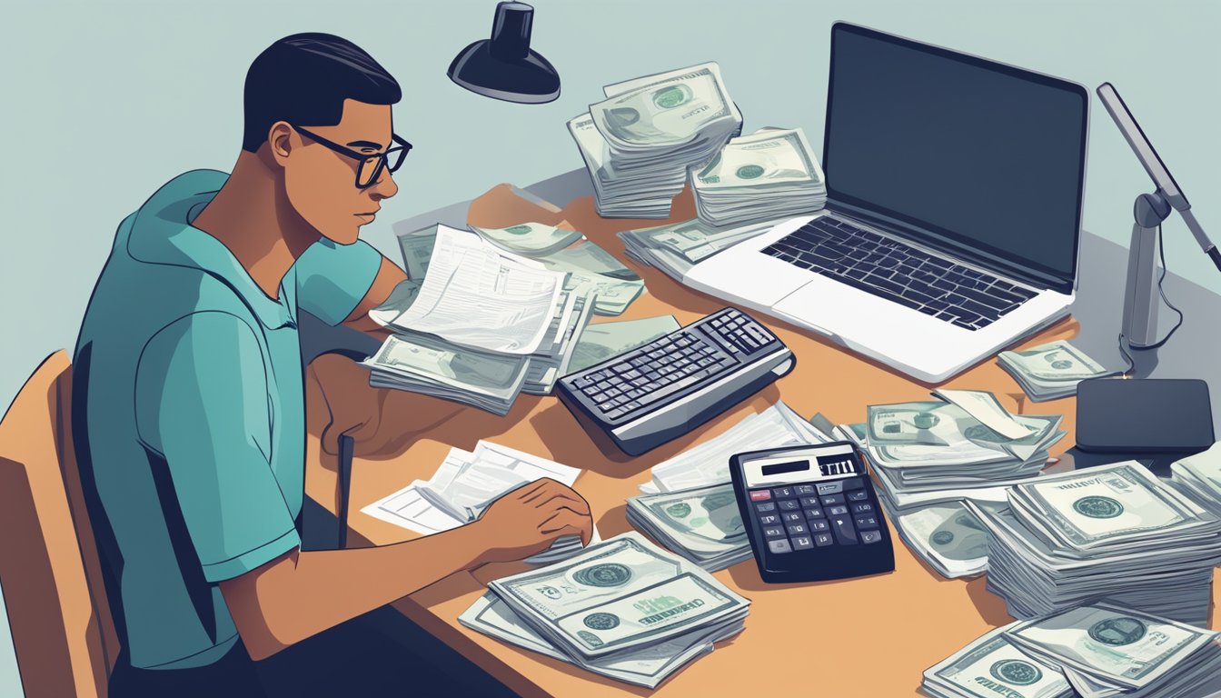 A person sits at a desk, surrounded by bills, a laptop, and a calculator. They are researching personal loans for specific needs, with a determined look on their face