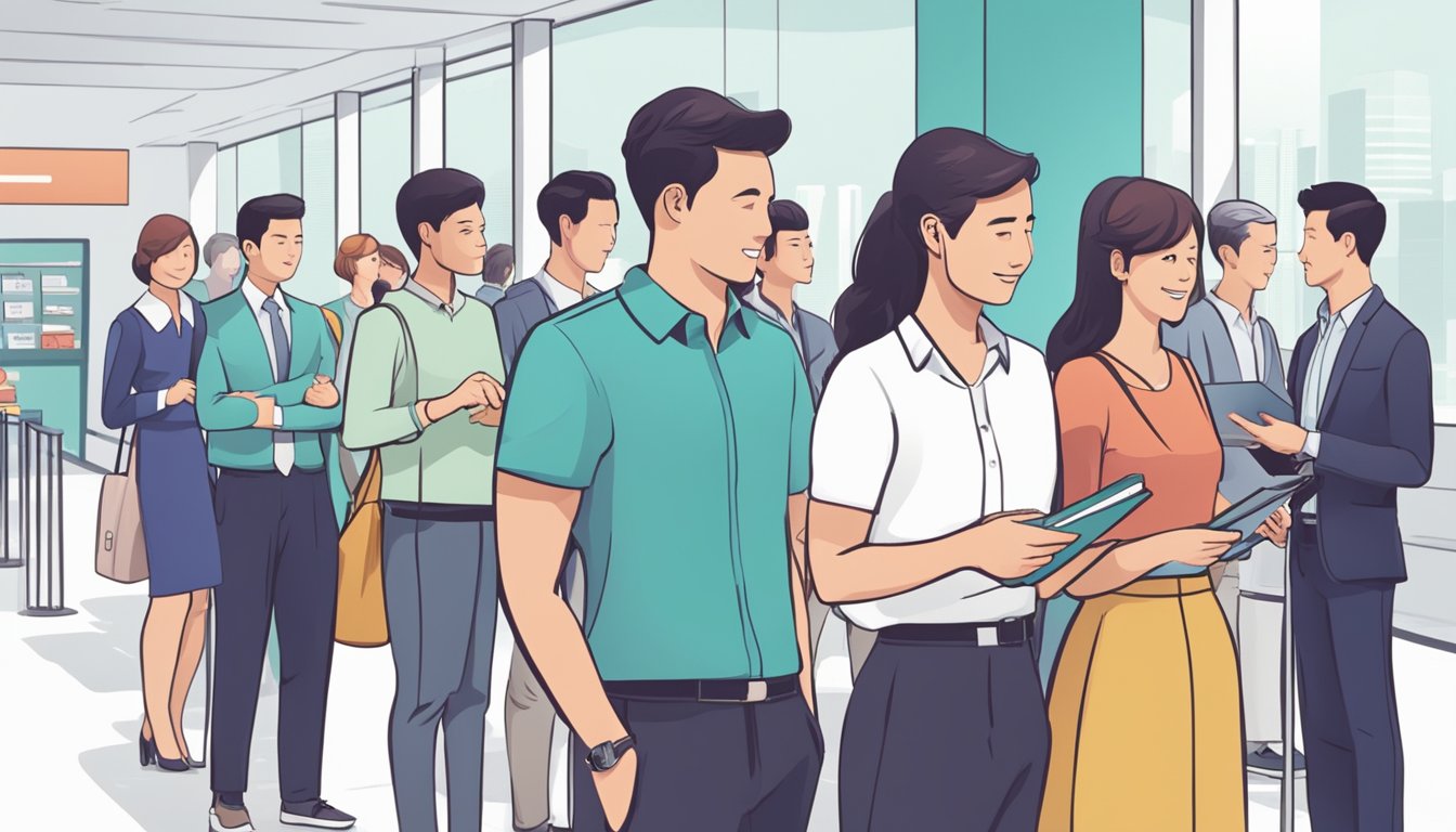 A group of people at a bank, standing in line and talking to a customer service representative about multiple personal loans in Singapore