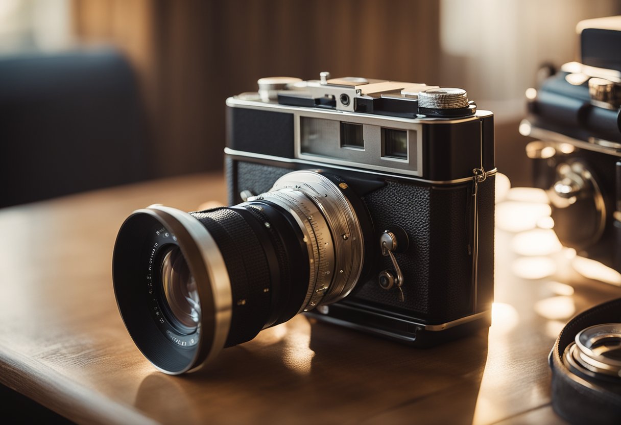 A vintage camera sits on a wooden table, surrounded by rolls of film and a light meter. A soft, warm light filters through the window, casting a nostalgic glow over the scene