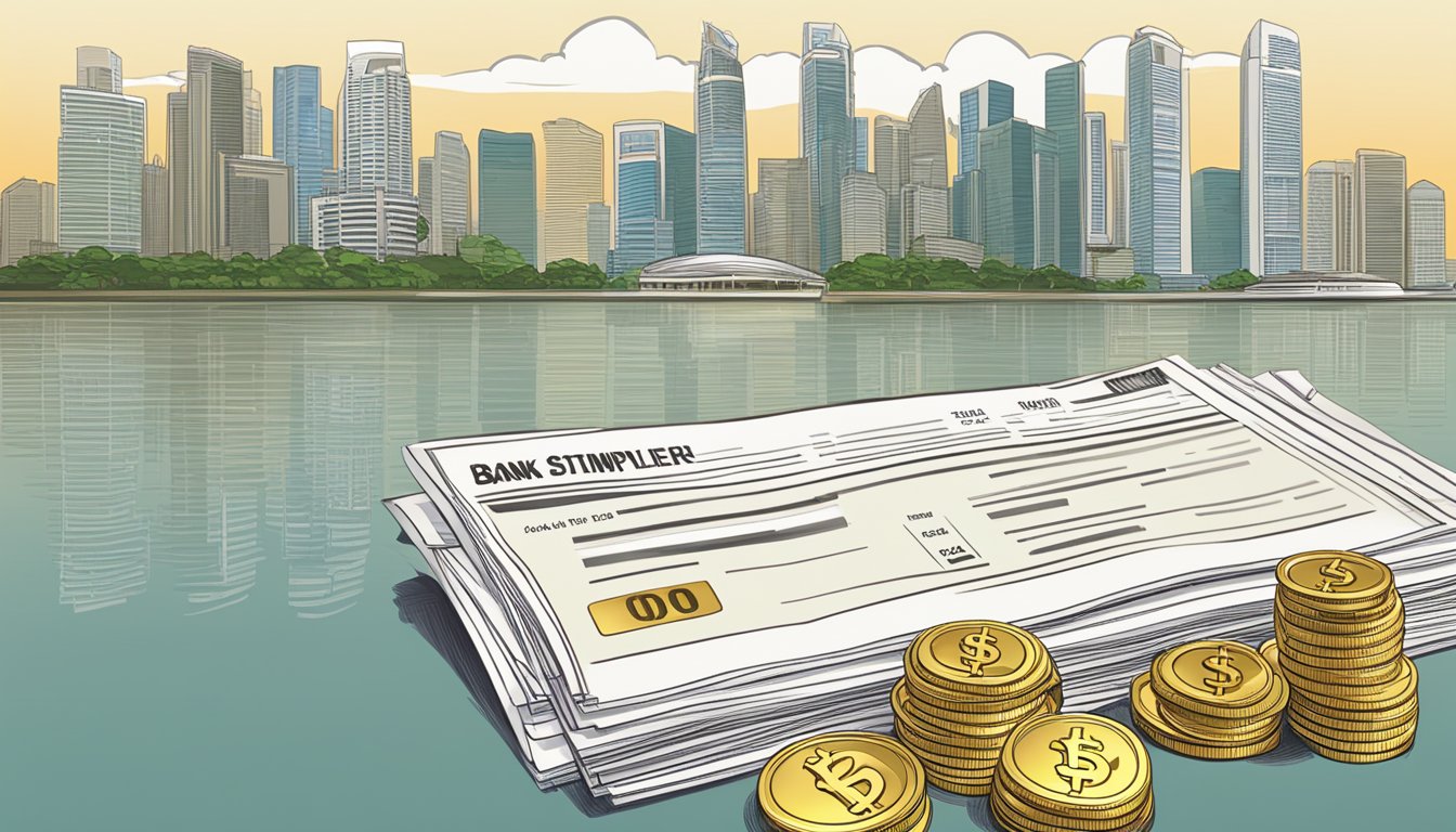 A stack of coins and a bank statement with "Multiplier Account" and "minimum balance" displayed, set against the backdrop of the Singapore skyline