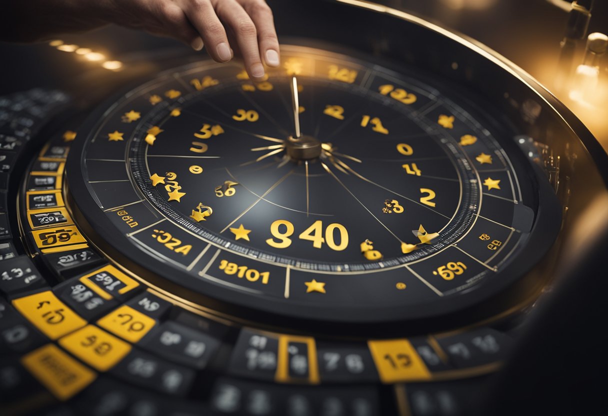 A hand reaches out to select Eurojackpot numbers from a spinning drum. Winning numbers are displayed on a screen