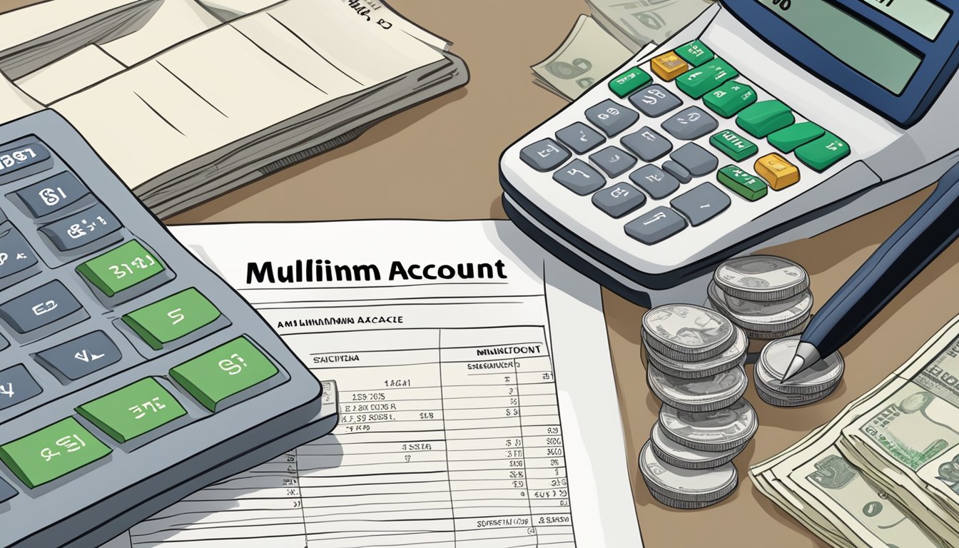 A stack of Singapore currency notes, a calculator, and a bank statement on a desk. The words "Multiplier Account" and "Minimum Balance" prominently displayed