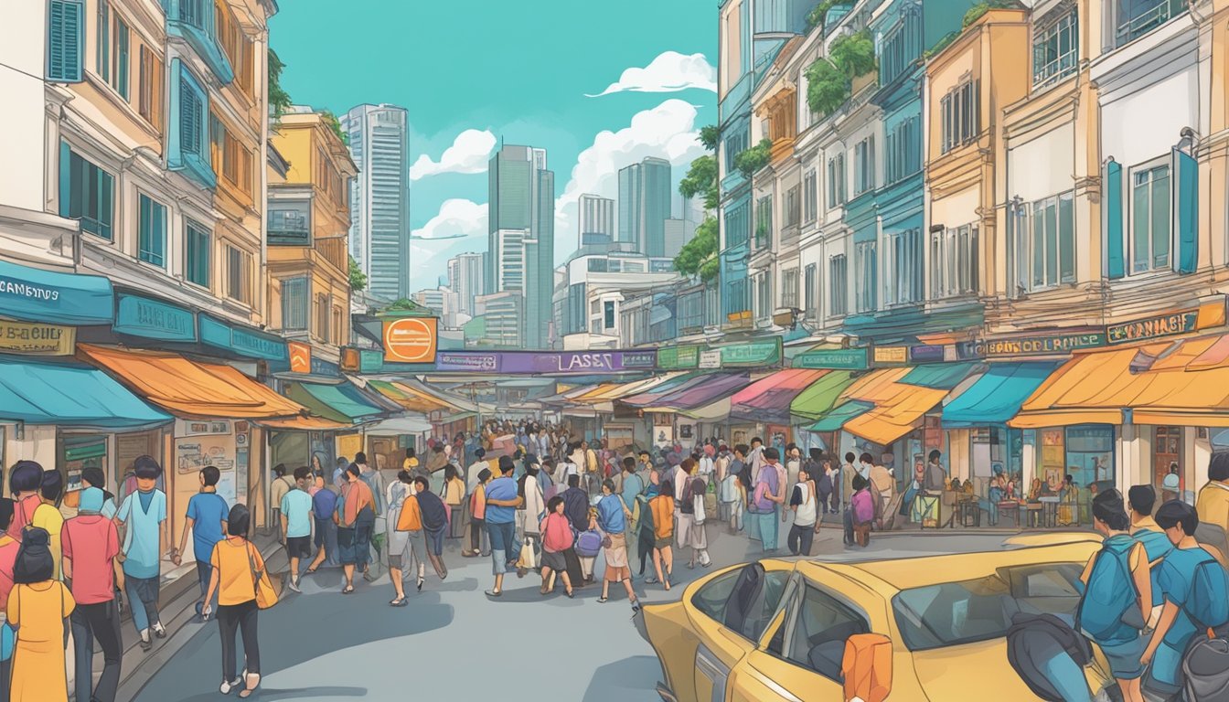 A bustling street in Singapore with a prominent sign for "Mustafa Currency Exchange" among other colorful storefronts and busy pedestrians