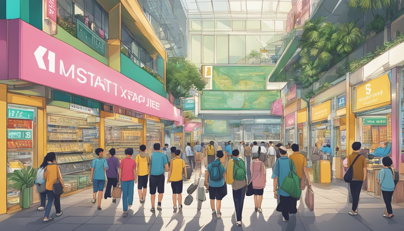 People exploring Mustafa Centre, with currency exchange signs in Singapore