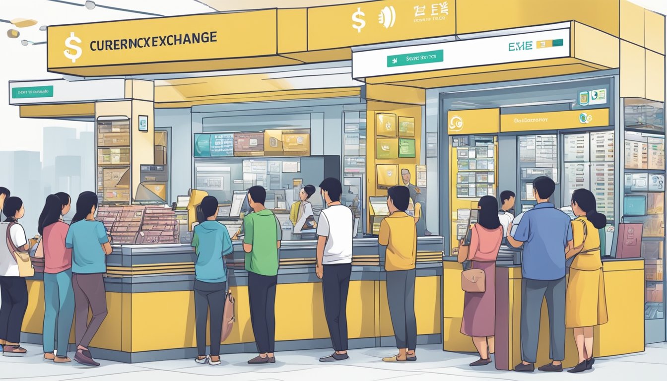 A busy currency exchange booth at Mustafa Centre in Singapore, with customers exchanging money and staff assisting them