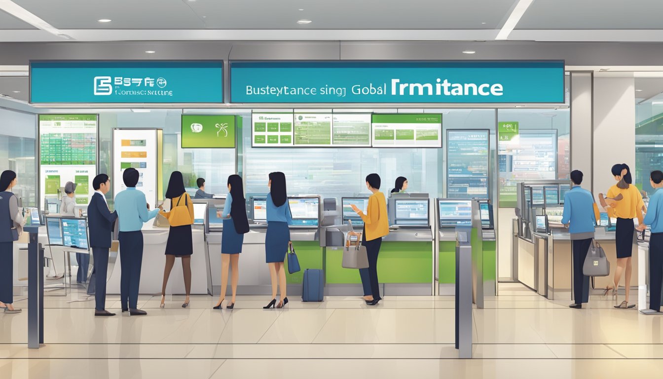 A bustling currency exchange in Singapore's Global Remittance Solutions branch, with customers and staff engaged in transactions and money transfers