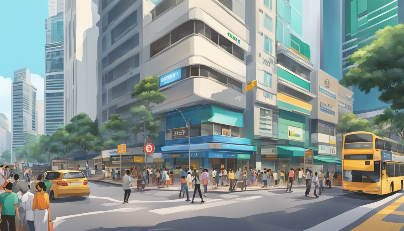 A bustling street corner in Singapore, with a prominent sign for Mustafa Currency Exchange, surrounded by other financial institutions and busy foot traffic