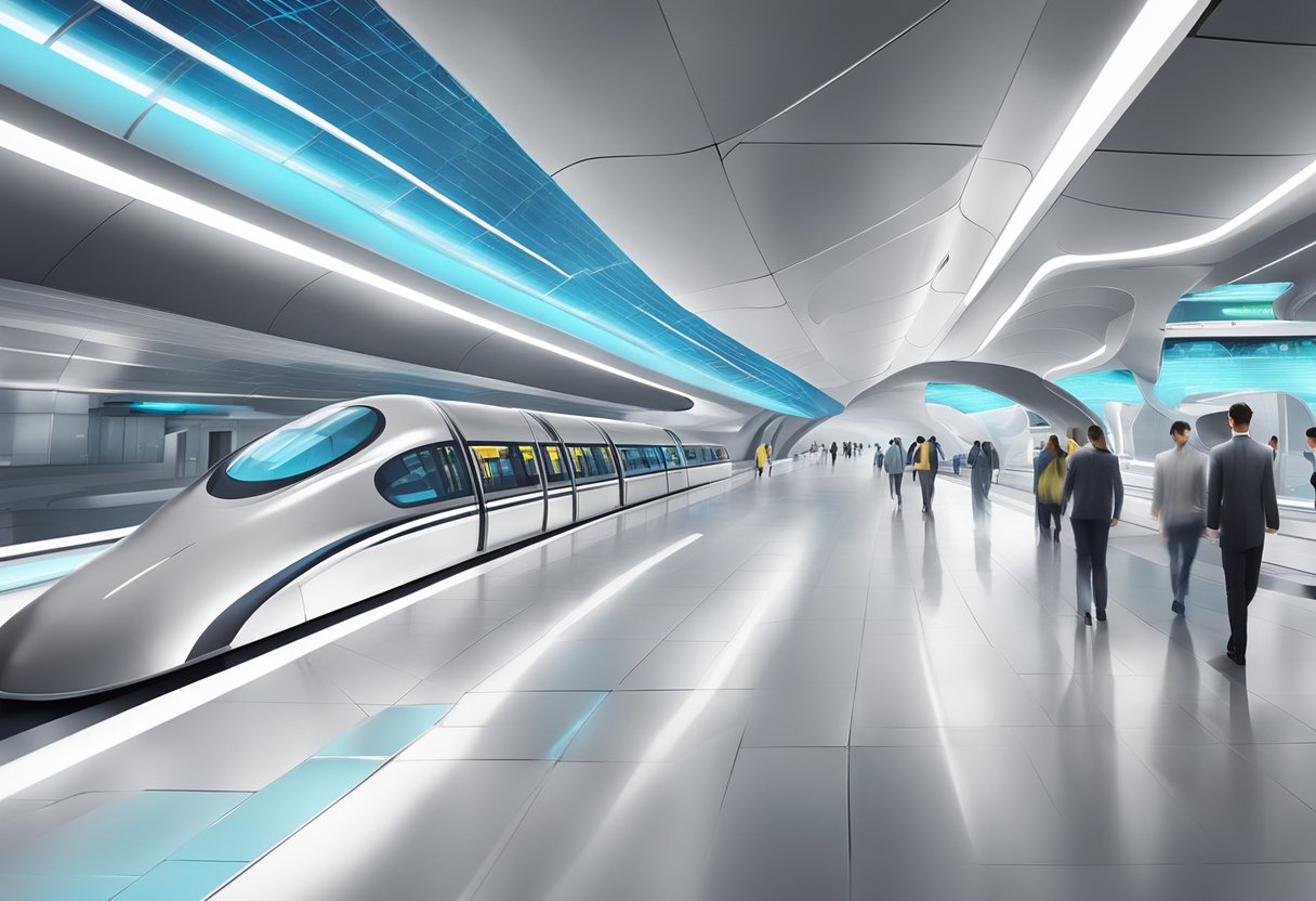 The futuristic Al Ras metro station features sleek, curved architecture and advanced technology. The station is bustling with commuters and illuminated by vibrant LED lights