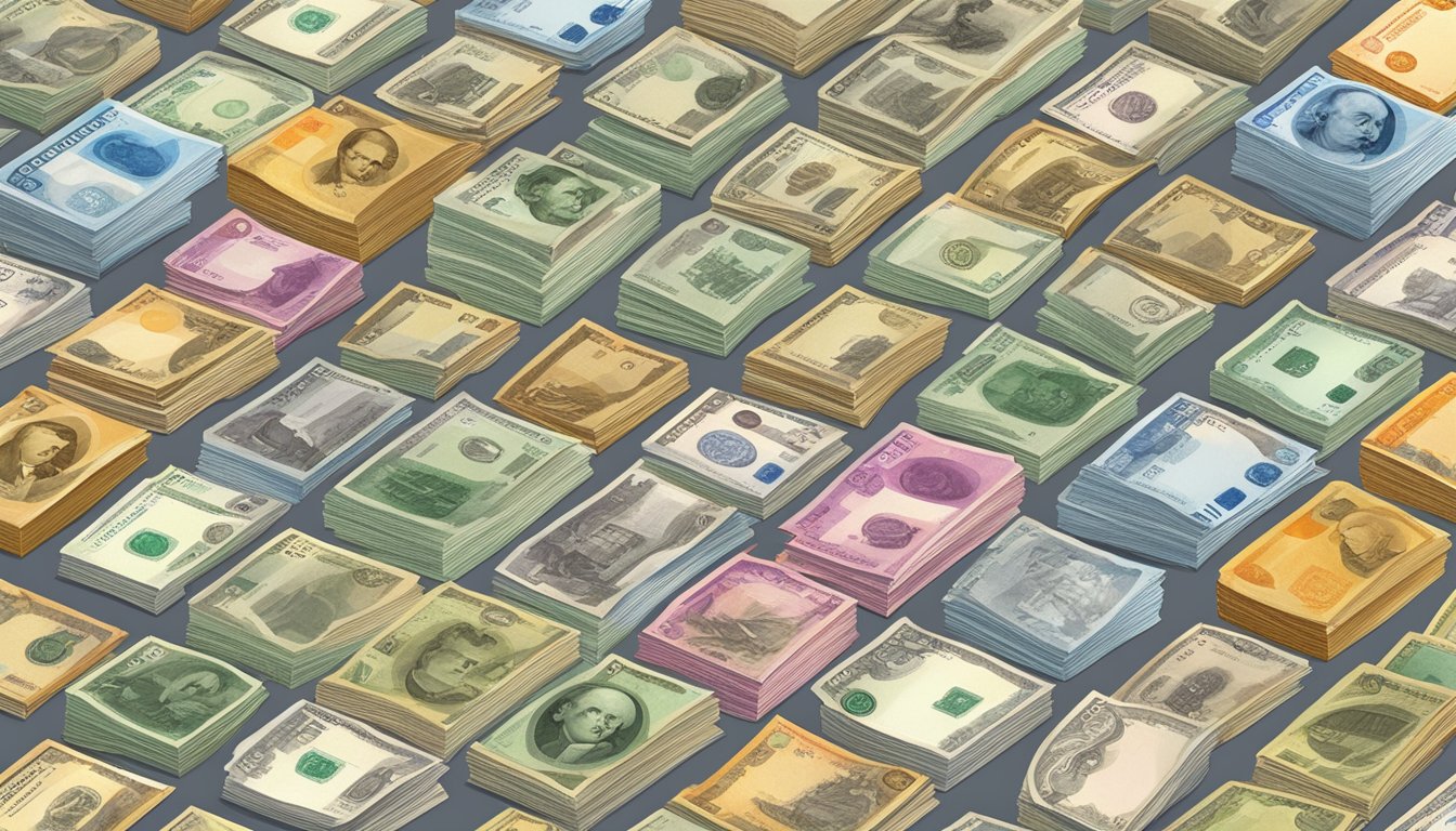 A diverse collection of currency notes and coins from around the world, neatly organized and displayed in a portfolio