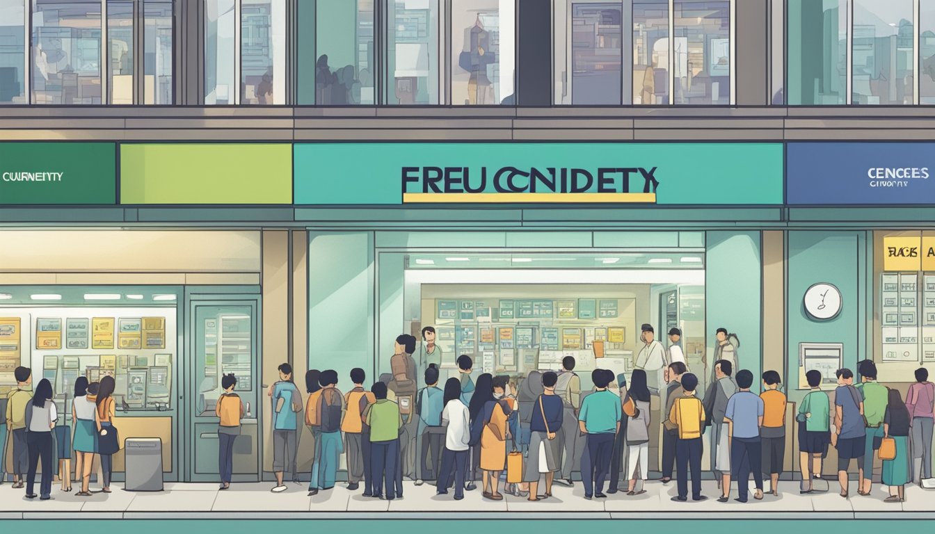 A crowded currency exchange office in Singapore with a large "Frequently Asked Questions" sign displayed prominently. Customers line up at teller windows