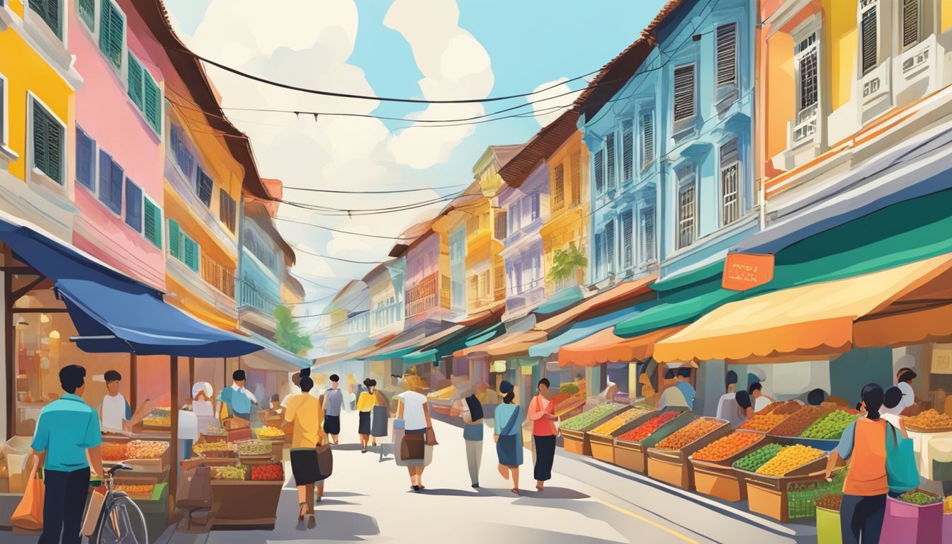 A bustling street in Myiras, Singapore, with colorful shophouses and vibrant street vendors. The aroma of exotic spices fills the air as locals and tourists alike explore the lively atmosphere