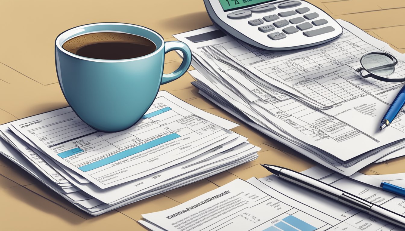 A cluttered desk with tax forms, receipts, and a calculator. A laptop displaying tax relief and deduction information. A cup of coffee and a pen
