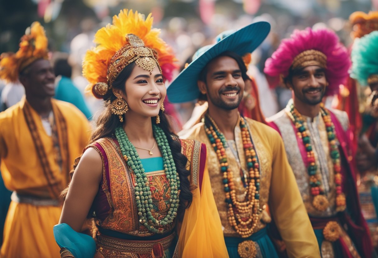 The Cultural Festivals at the Edge of the World: A Guide to Remote Celebrations - A diverse group of people from different cultures and backgrounds come together to celebrate at a vibrant festival, showcasing colorful costumes, traditional music, and joyful dancing
