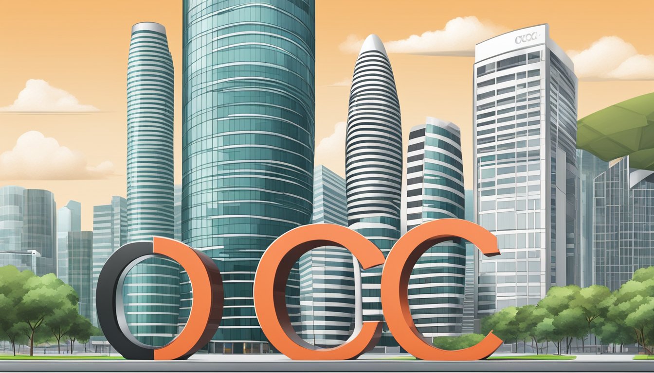 A modern, sleek building with the letters "OCBC" prominently displayed in Singapore's financial district