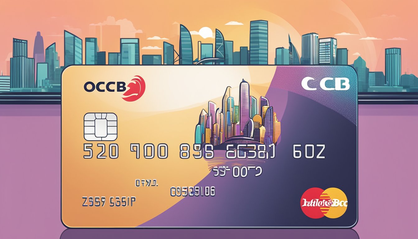 A sleek credit card with "OCBC 90°N" logo against a Singapore cityscape backdrop, with the iconic skyline and landmarks in the background