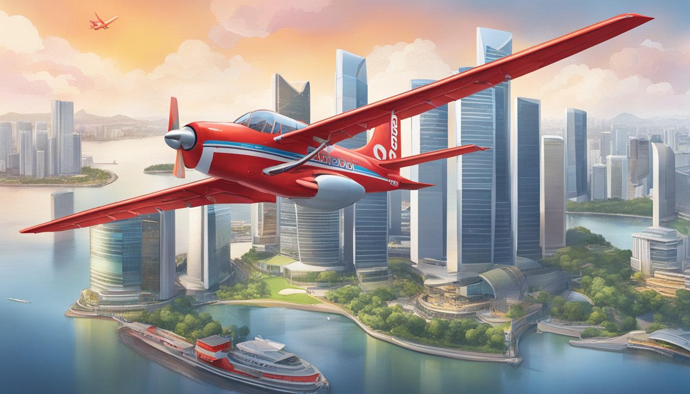 A vibrant red airplane flying over the iconic Singapore skyline with the OCBC logo prominently displayed on its tail