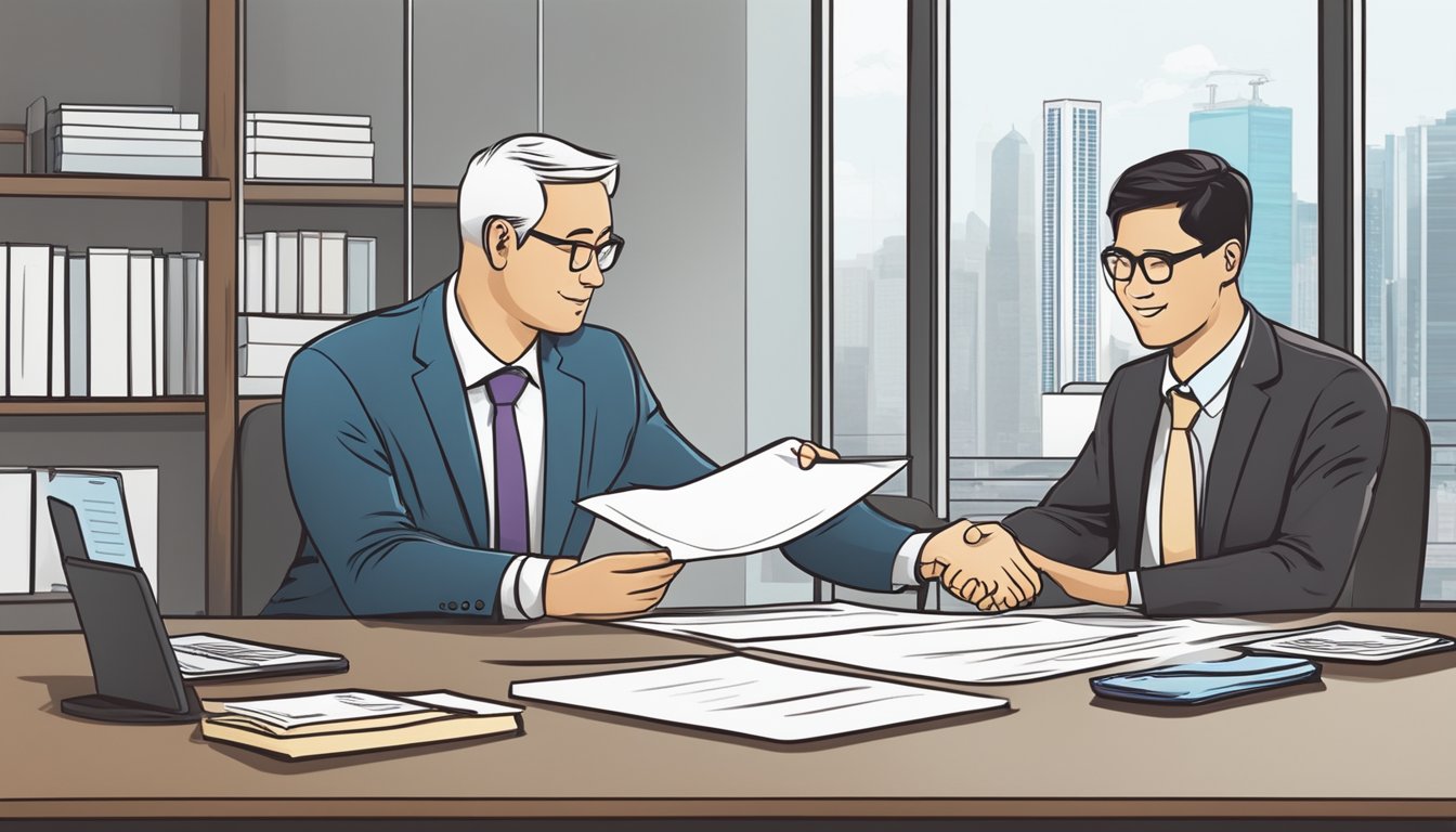 A business owner in Singapore receives a loan offer with zero interest. The loan agreement is signed with a handshake, symbolizing a mutually beneficial partnership