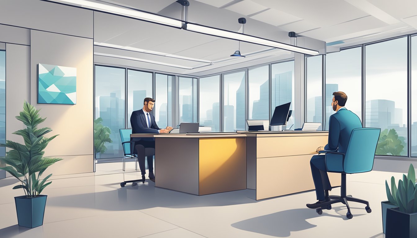 A businessman signs paperwork for a no interest business loan in a modern office setting with a bank representative