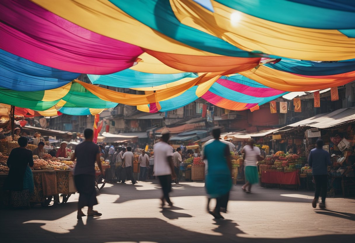 The Cultural Festivals at the Edge of the World: A Guide to Remote Celebrations -Colorful banners flutter in the wind above a bustling market, where vendors sell unique crafts and exotic foods. Music fills the air as dancers perform traditional routines on a vibrant stage