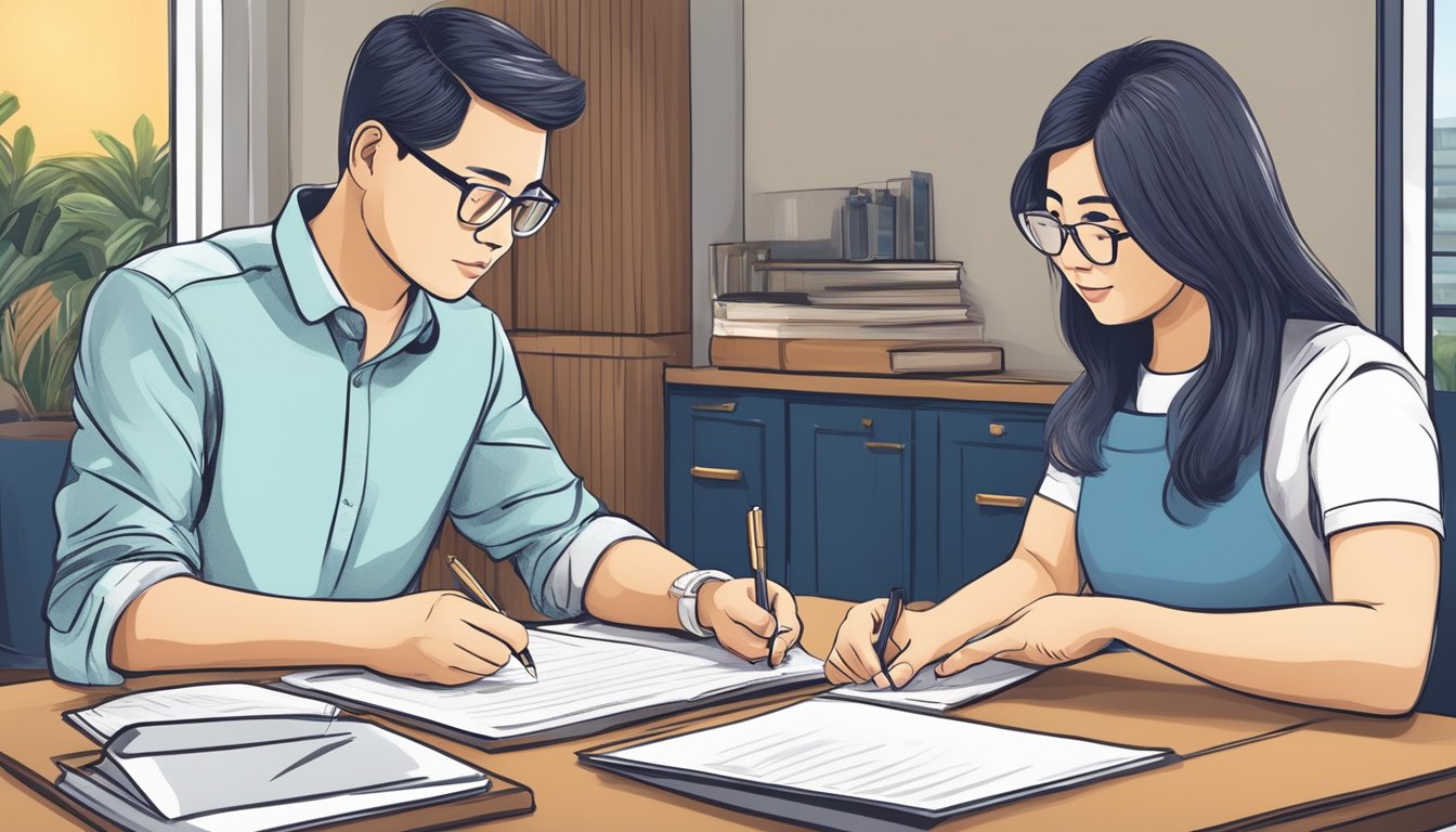 A borrower signing a loan agreement with a non-recourse lender in Singapore, discussing repayment plans and terms