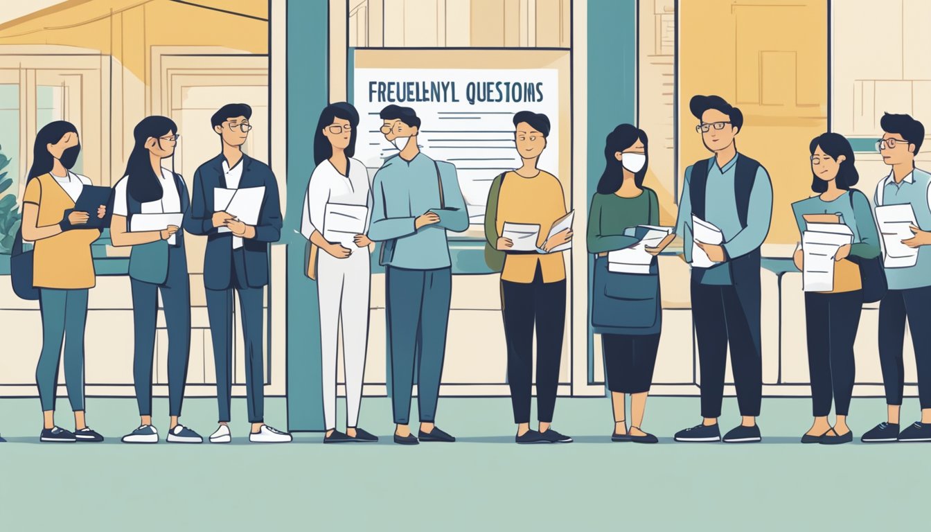 A group of people standing in line, holding papers and looking at a sign that reads "Frequently Asked Questions non recourse lenders singapore."
