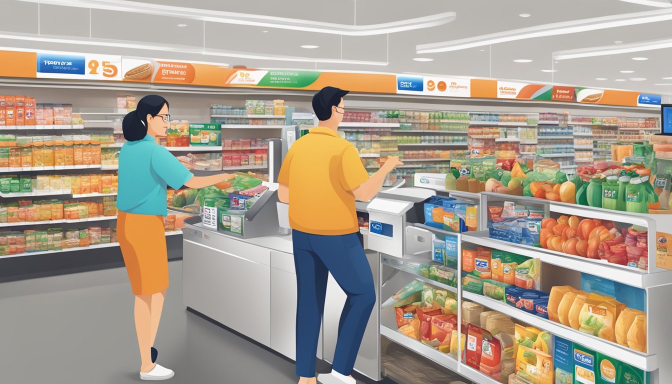 A customer swipes an NTUC FairPrice credit card at the checkout counter, surrounded by various grocery items and promotional displays