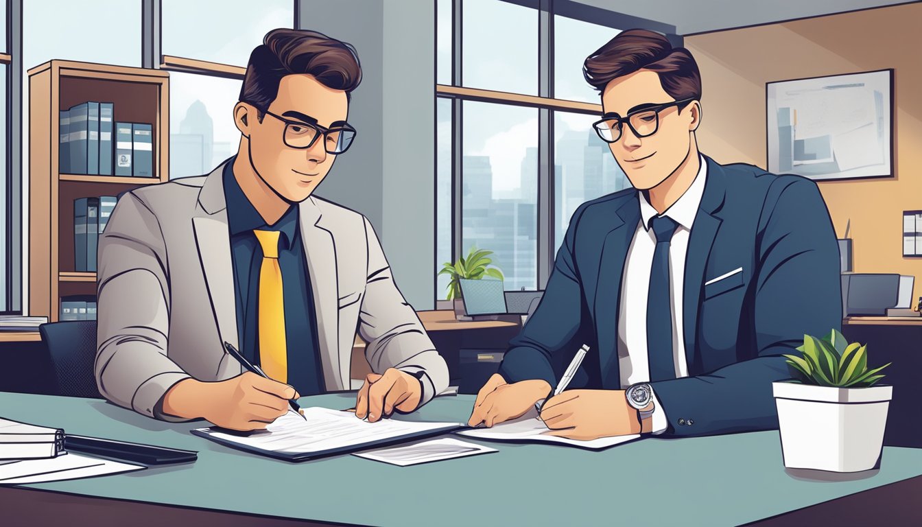A student signs a loan agreement with a bank representative in a modern office setting