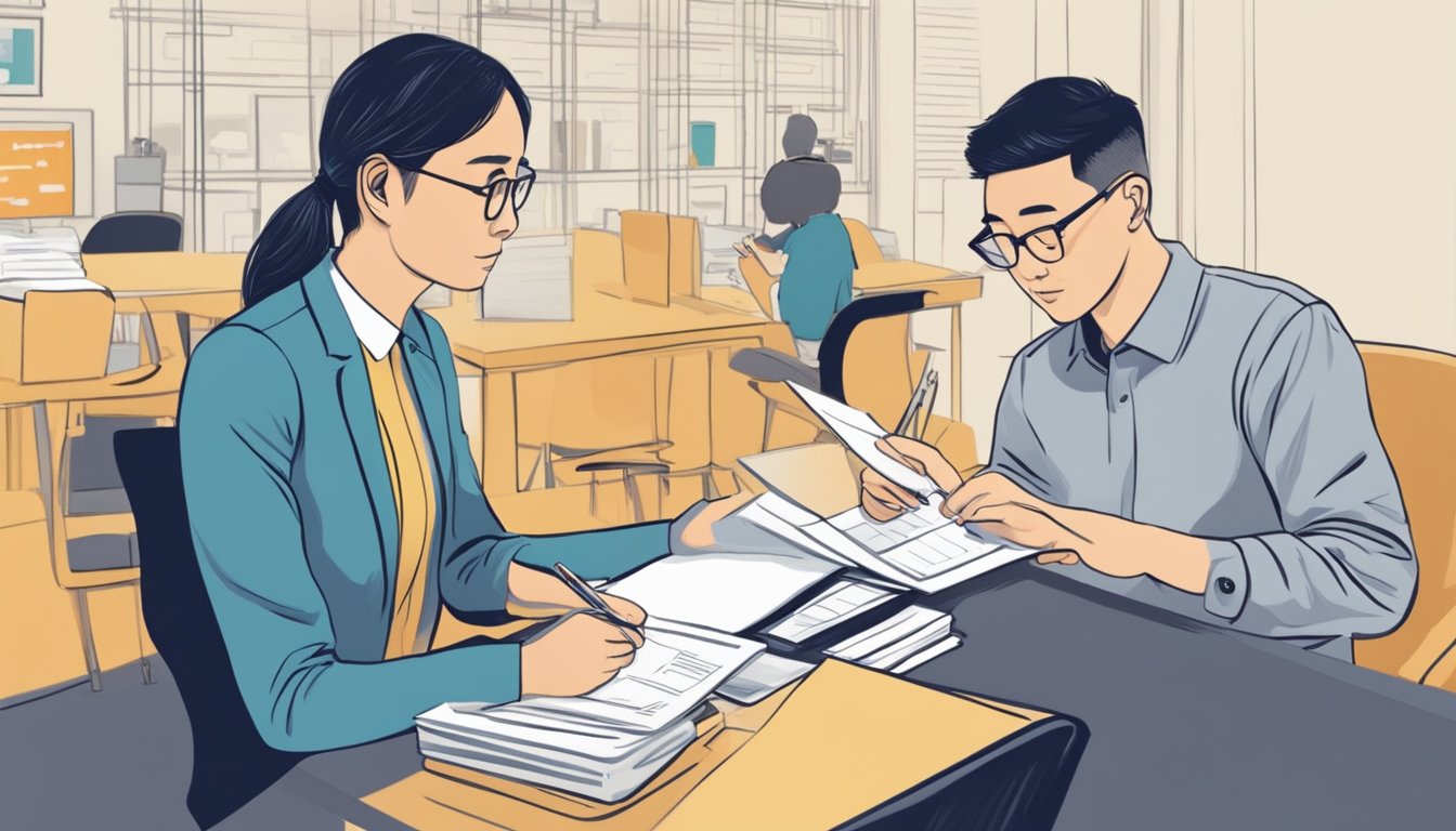 A student in Singapore fills out forms for a tuition loan, with a bank officer assisting