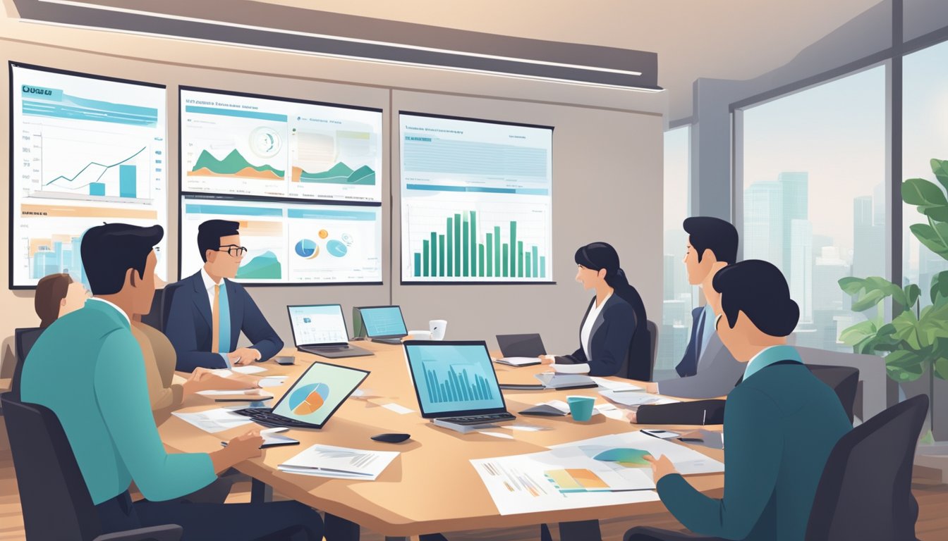 A group of people in a boardroom discussing and reviewing the contribution rate in Singapore. Charts and graphs are displayed on a screen