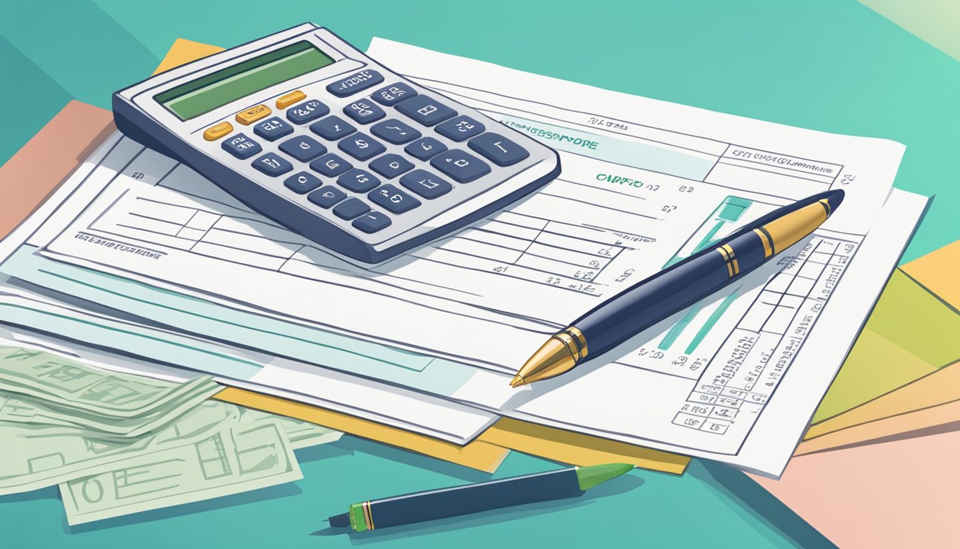 A stack of CPF contribution forms with a calculator and pen, representing the importance of understanding CPF contribution rates in Singapore