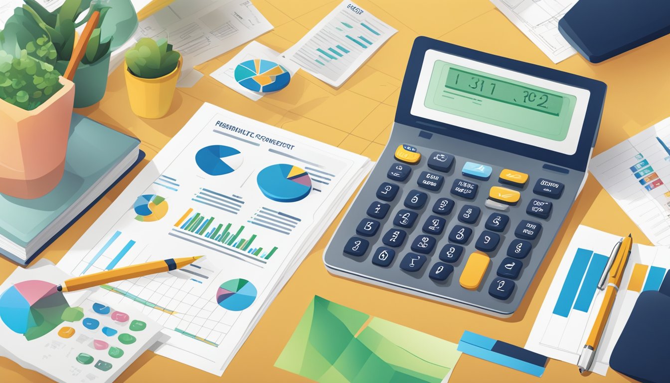 A person reviewing CPF benefits and schemes, with a calculator and paperwork spread out on a desk, surrounded by charts and graphs