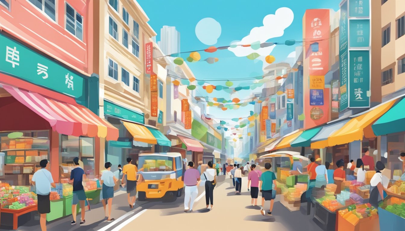 A busy street in Singapore with colorful shop signs and bustling activity