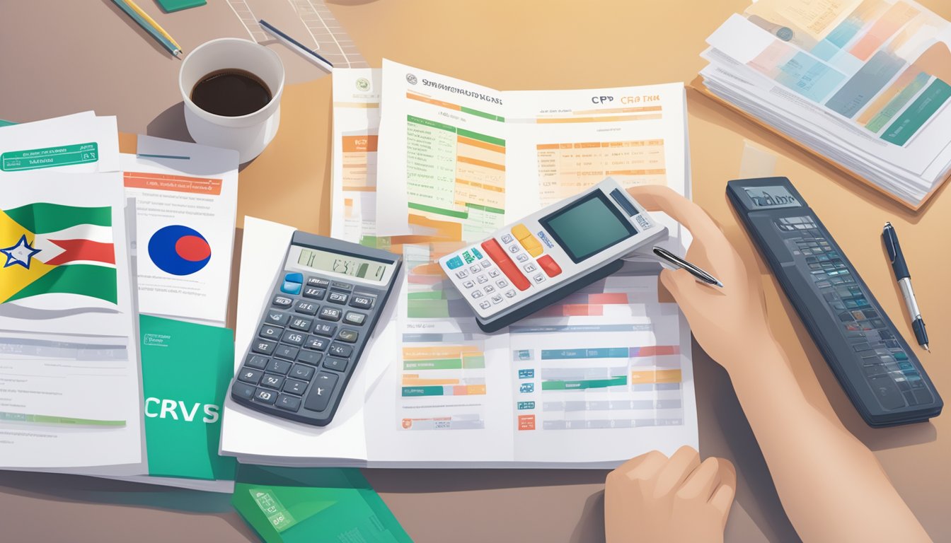 A table with CPF brochures, a calculator, and a pen. A person's hand holding a Singapore flag in the background