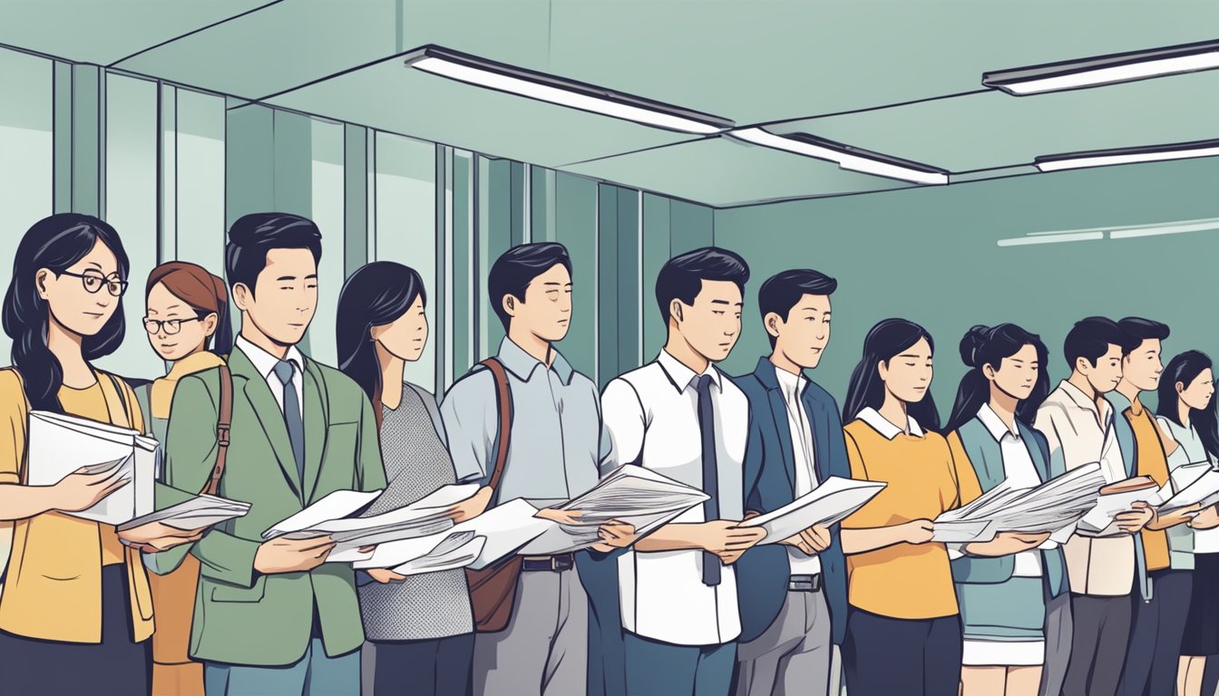 People lining up at a government office, holding forms and documents, waiting to inquire about their Singapore allocation