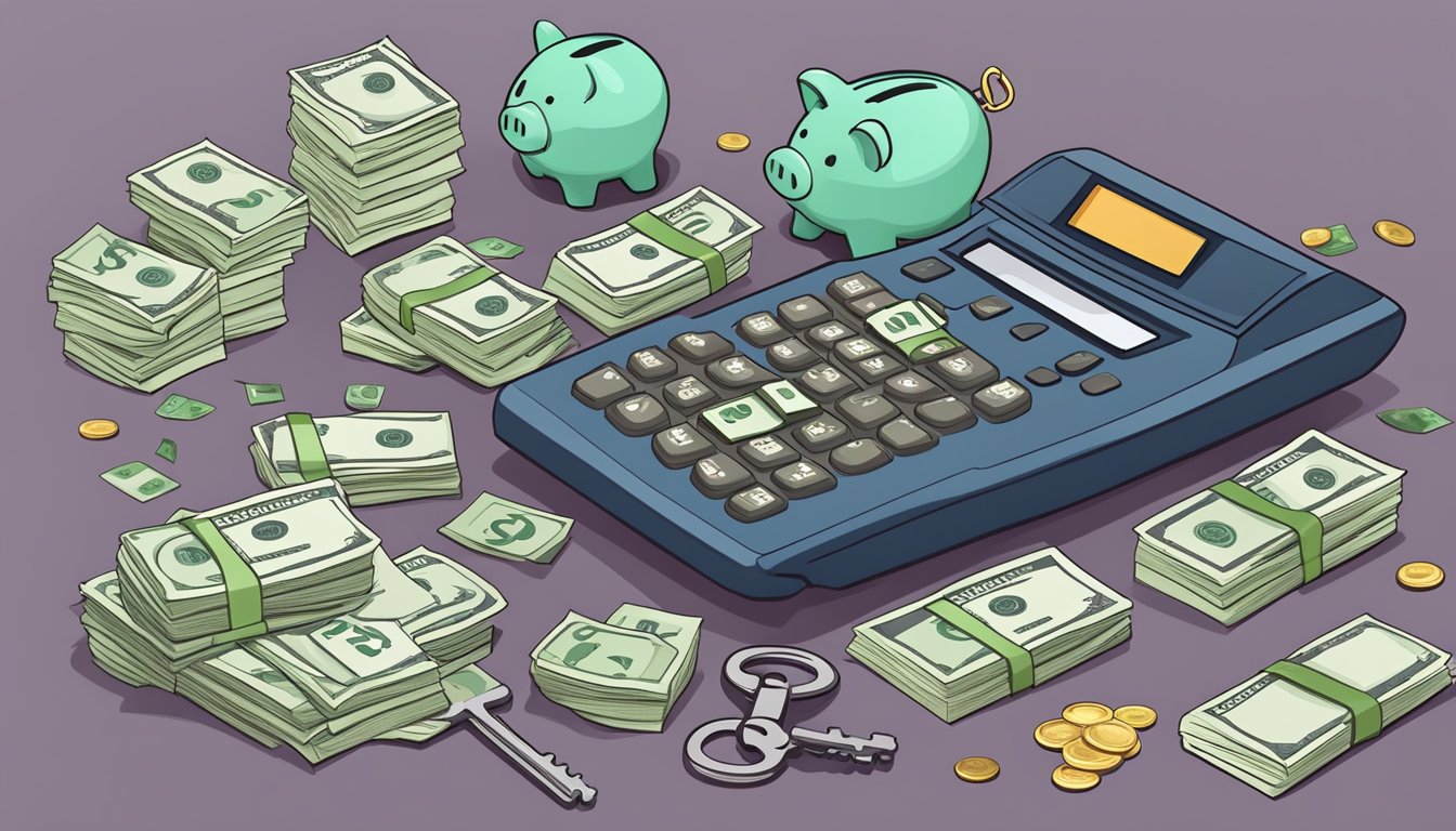 A stack of cash, a piggy bank, and a key symbolizing security and growth, surrounded by financial documents and a calculator