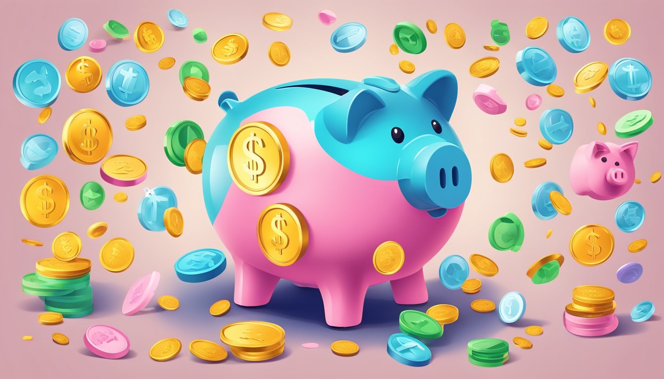 A piggy bank overflowing with coins, surrounded by colorful icons representing different bonus interest categories like shopping, dining, and bills payment