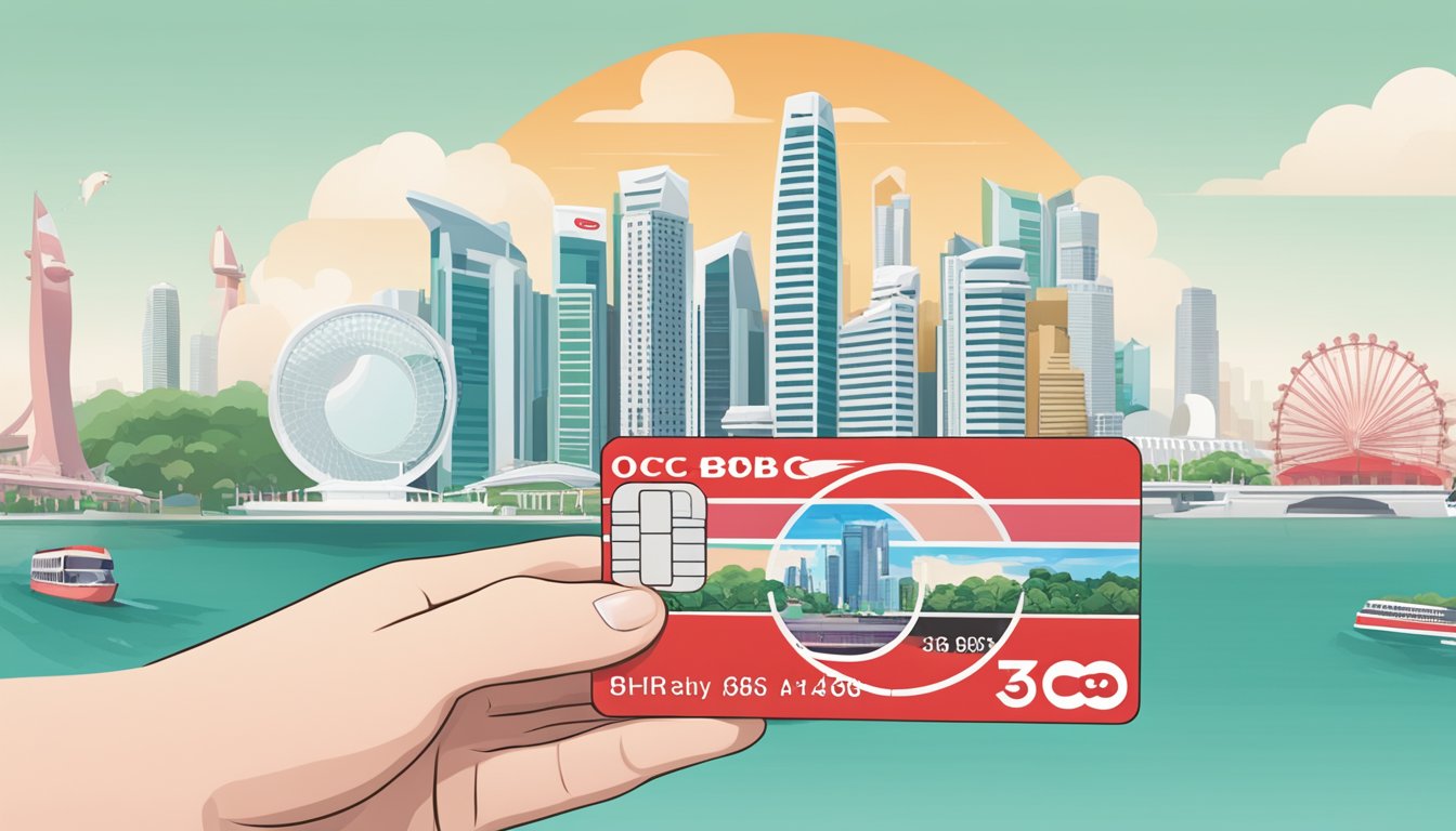 A hand holding an OCBC 360 debit card against a backdrop of iconic Singapore landmarks