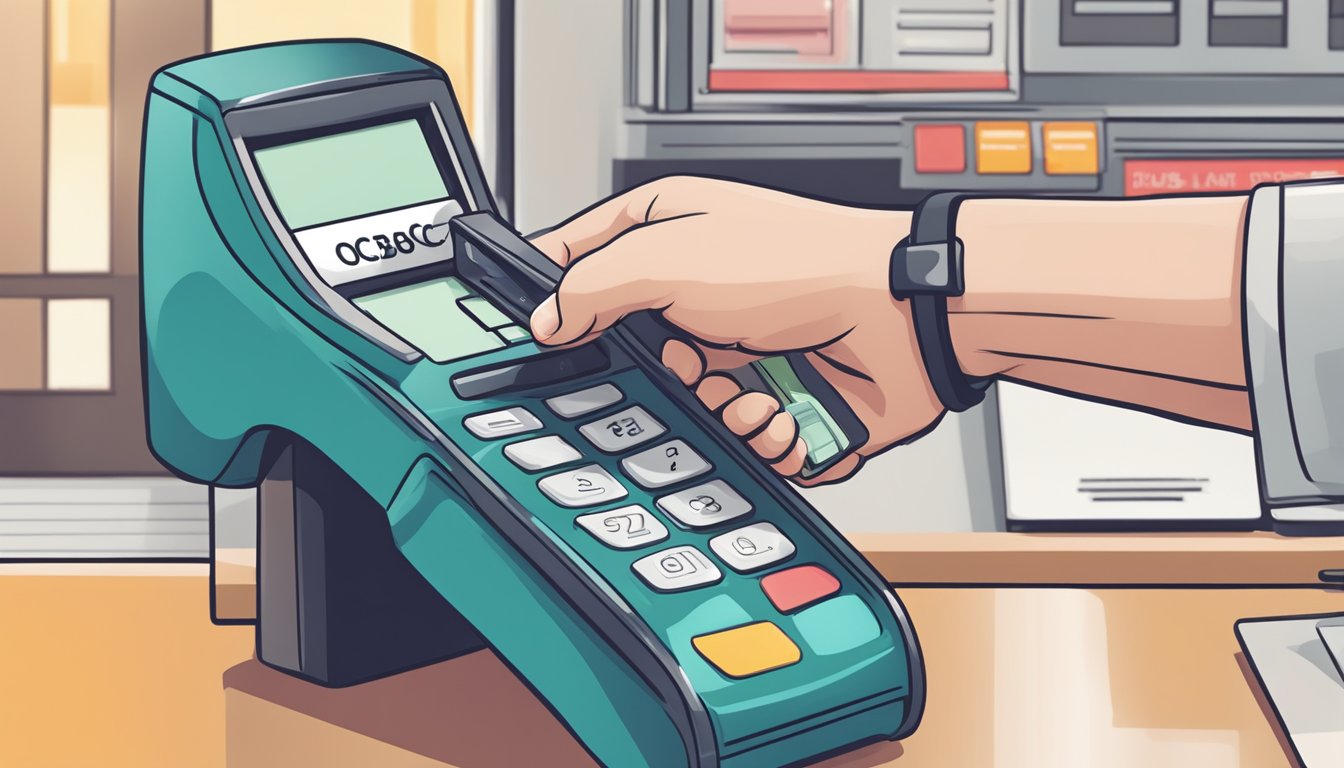 A hand swipes an OCBC 360 Debit Card at a payment terminal in Singapore